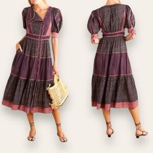 Ulla Johnson Verona Tiered Floral Patchwork Button Midi Dress Auburn 2 Women’s